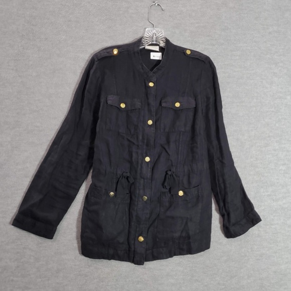 Chico's Women Jacket 0 Black Utility Safari 100% Linen Pockets Long Sleeve